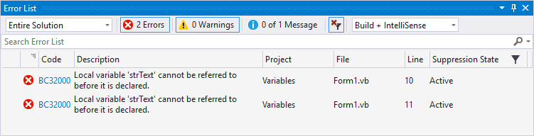 Errores de tiempo de diseño en VB .NET Errores de tiempo de diseño en VB .NET