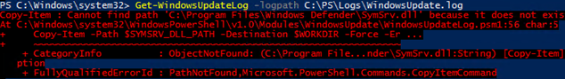 Get-WindowsUpdateLog Copy-Item: no se puede encontrar la ruta 'C:  Archivos de programa  Windows Defender  SymSrv.dll' porque no existe 