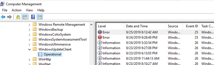 WindowsUpdateClient -> Registros operativos en el visor de eventos» width=»677″ height=»208″  /></p>
<div class=