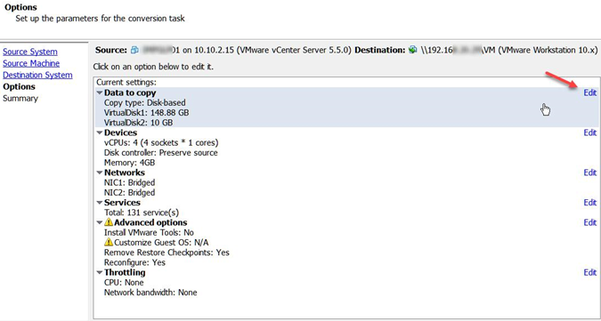 editar las propiedades del disco en vmware Converter