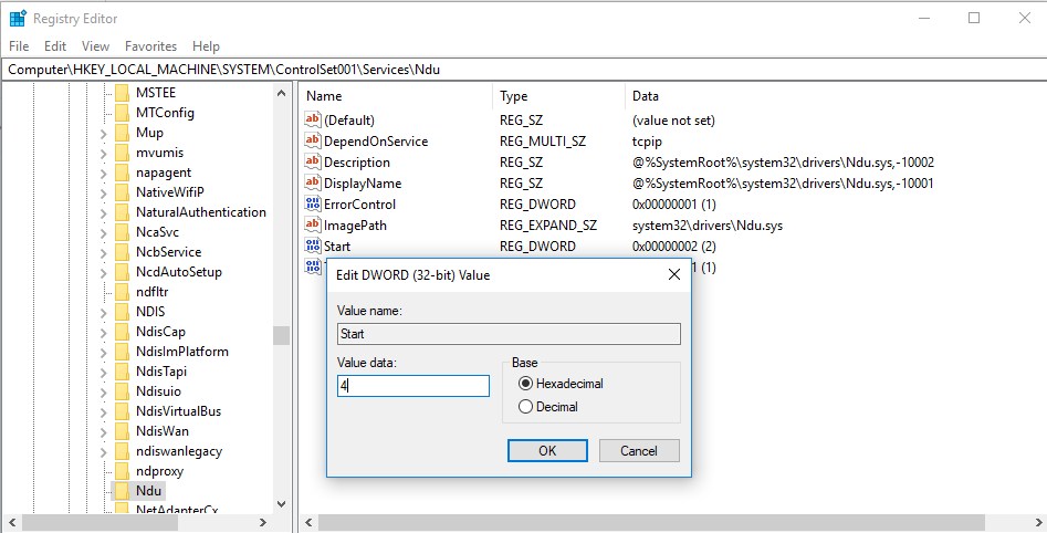 deshabilitar el servicio ndu en windows