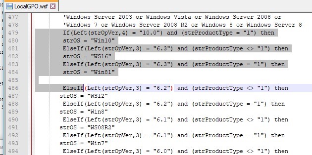 modificar la función ChkOSVersion en LocalGPO.wsf para admitir Windows 10
