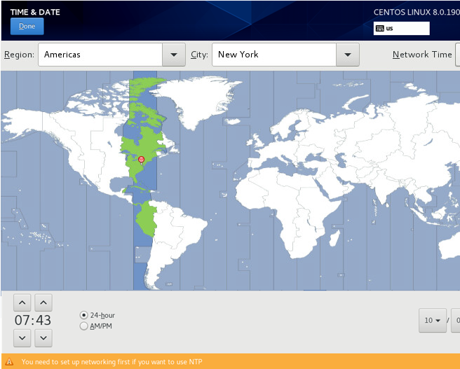 seleccionar zona horaria durante la instalación de centos
