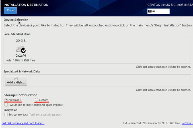 seleccione el disco para instalar centos