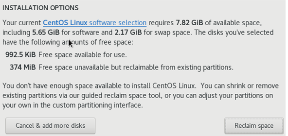 recuperar espacio durante la instalación de centos