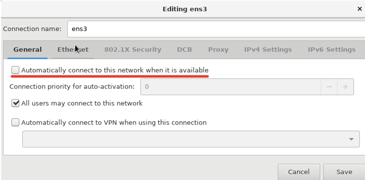 autoactiva la LAN en centos con la opción Conectarse automáticamente a esta red cuando esté disponible
