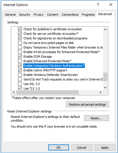 Habilitar la autenticación de Windows integrada en Internet Explorer 11
