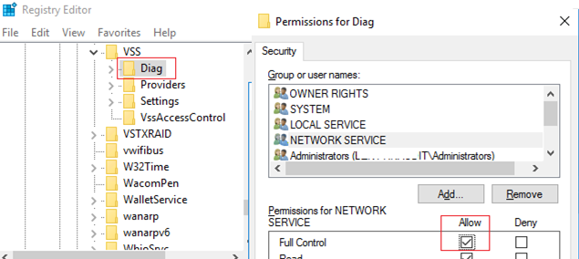 Permisos de registro de HKLM  SYSTEM  CurrentControlSet  services  VSS  Diag