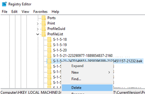 eliminar la clave de bak del registro de CurrentVersion  ProfileList