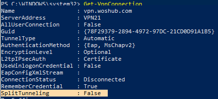 Get-VpnConnection - establecer SplitTunneling 