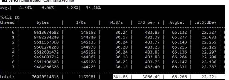 diskspd: obtiene valores de latencia y iops promedio del disco