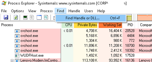 explorador de procesos: busque el identificador o dll