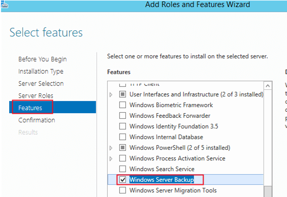 Instalación de la función de copia de seguridad de Windows Server a través del administrador del servidor