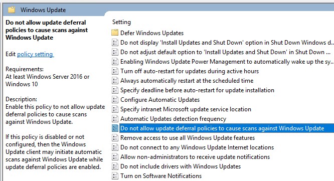 Política de Windows 10: no permita que las políticas de aplazamiento de actualizaciones provoquen análisis en Windows Update 