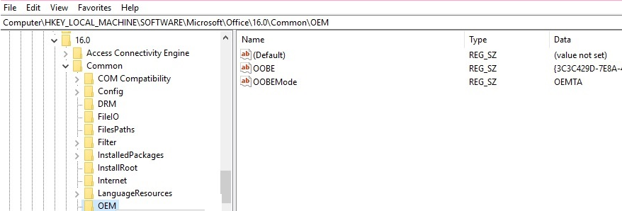 eliminando la clave hklm  SOFTWARE  Wow6432Node  Microsoft  Office  16.0  Common  OEM