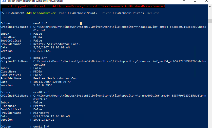 Add-WindowsDriver cmdlet de powershell para inyectar controladores a la imagen install.wim sin conexión 