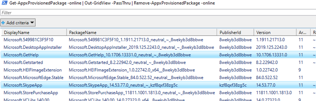 secuencia de comandos gráfica de powershell para eliminar fácilmente los paquetes aprovisionados de appx uwp en Windows 10 