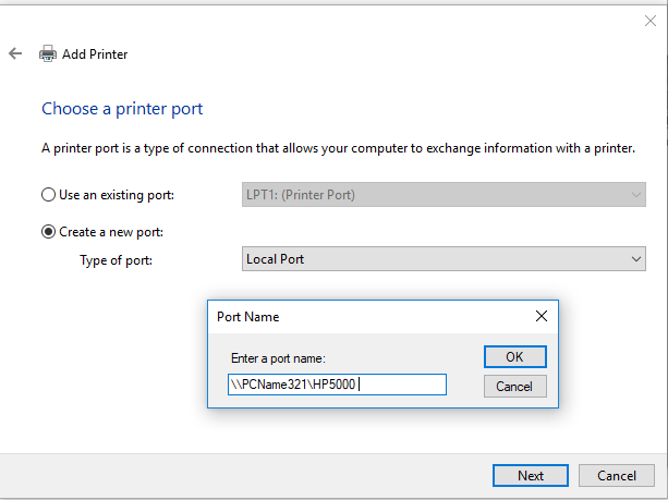 agregar una impresora de red compartida a través del nombre de la impresora unc
