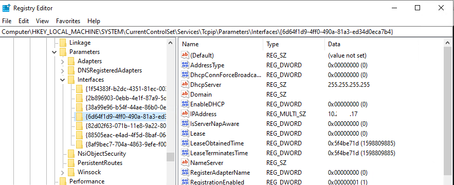 Configuración de NIC (incluida la dirección IP) en el registro de Windows 10