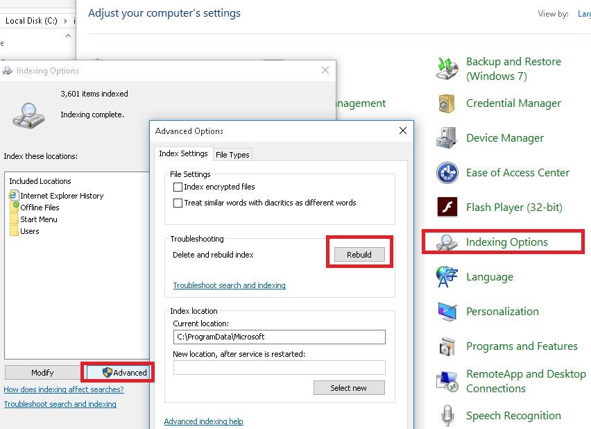 reconstruir el índice de búsqueda de Windows
