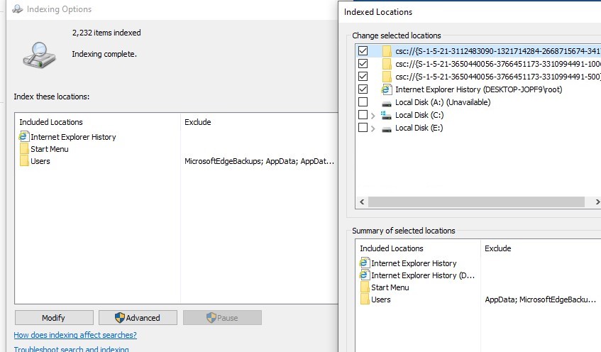 Windows 10 establece ubicaciones de indexación