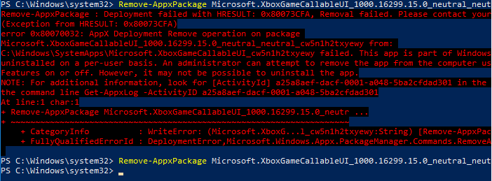 Remove-AppxPackage sin el error 0x80073CFA
