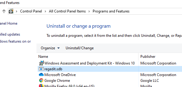 aplicación sdb en Programas y características en Windows 10