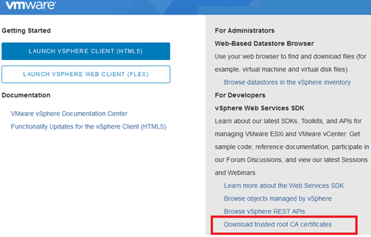 Descargue certificados de CA raíz de confianza en VMware Vsphere