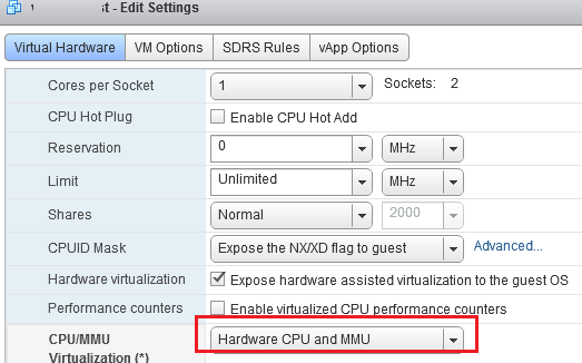 Opción de CPU de hardware y MMU en vmware vm