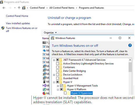 No se puede instalar Hyper-V: el procesador no admite la traducción de direcciones de segundo nivel (SLAT).