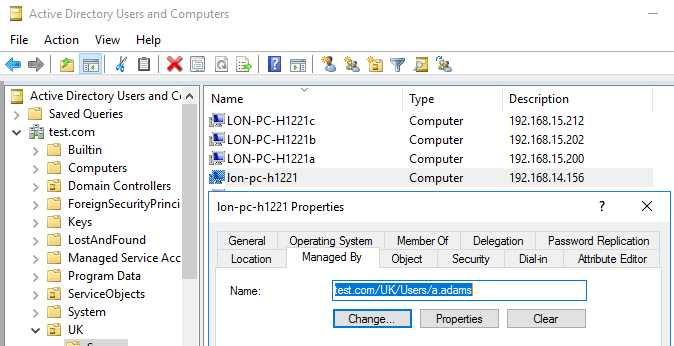 muestre la dirección IP y el nombre de usuario registrado actualmente en las propiedades de la computadora de Active Directory