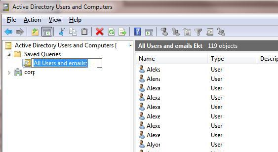 Resultado de la consulta guardada en la consola de Active Directory