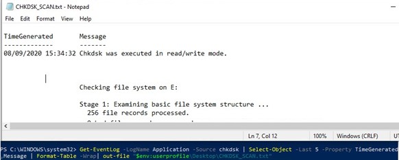 PowerShell obtiene el registro de arranque de chkdsk en Windows 10