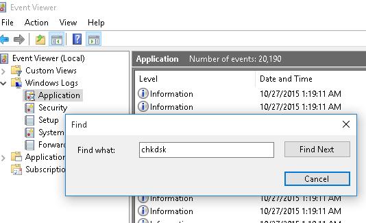 buscar eventos con clave chkdsk
