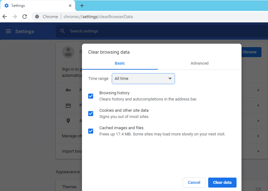 clearBrowserData en Chrome