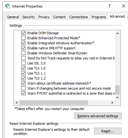 habilitar tls 1.0, tls 1.1 y tls 1.2 en Windows 10