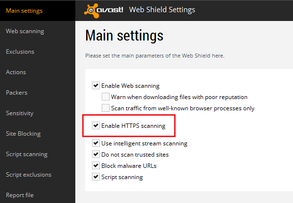 Habilite la opción de escaneo HTTPS en avast