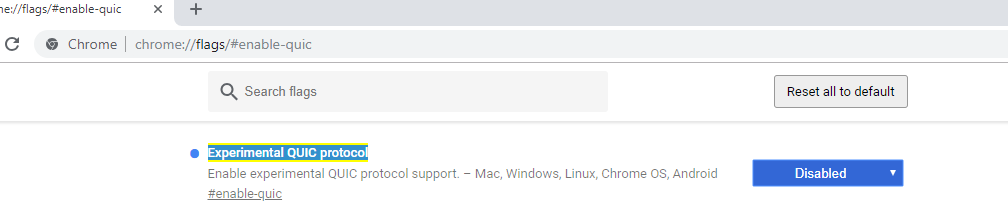 deshabilitar el protocolo Experimental QUIC en google chrome
