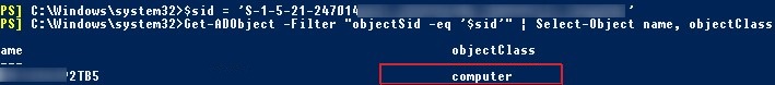 Get-ADObject busca el objeto de Active Directory por SID