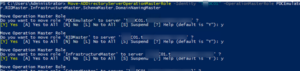 Move-ADDirectoryServerOperationMasterRole - comando de powershell para transferir roles FSMO