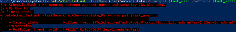 Set-ScheduledTask: No se realizó ninguna asignación entre los nombres de las cuentas y los ID de seguridad.