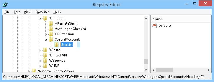 HKEY_LOCAL_MACHINE  SOFTWARE  Microsoft  Windows NT  CurrentVersion  Winlogon  SpecialAccounts  UserList