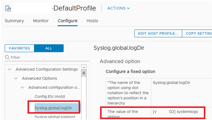 establecer Syslog.global.logDir a través de perfiles de host ESXi
