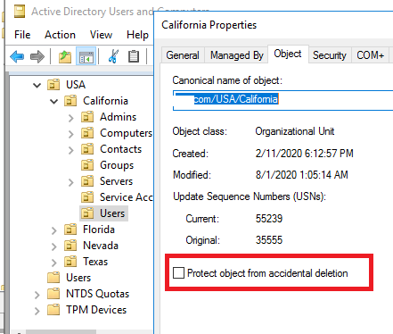 Recuperación de unidades organizativas anidadas en Active Directory cuando "Proteger el objeto de una eliminación accidental" la opción está deshabilitada