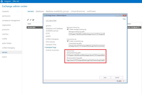 exchange2013 cambiar la ubicación de los registros de protocolo