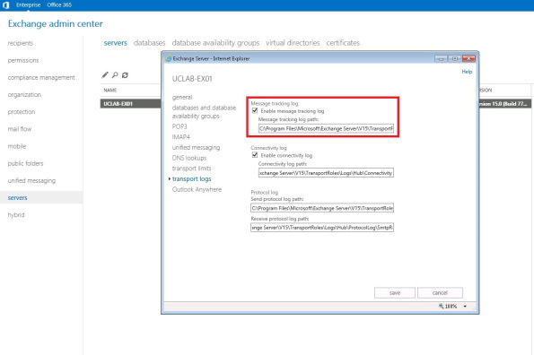 Exchange 2013 cambiar la ubicación de los registros de seguimiento de mensajes
