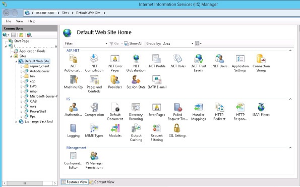 Consola del administrador de IIS Exchange2013