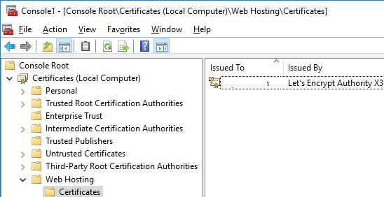 Alojamiento web -> Autoridades de certificados IIS con Let’s Encrypt » /></p>
<p>Windows ACME Simple crea un nuevo trabajo en el Programador de tareas de Windows (<code>win-acme-renew (acme-v02.api.letsencrypt.org)</code>) para renovar automáticamente el certificado. La tarea comienza todos los días y la renovación del certificado se realiza después de 60 días. Esta tarea ejecuta el comando:</p>
<p><code>C:inetpubletsencryptwacs.exe --renew --baseuri