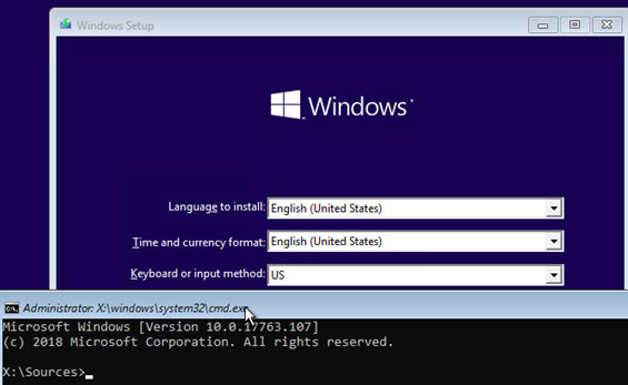 ejecutar el símbolo del sistema desde los medios de instalación de Windows