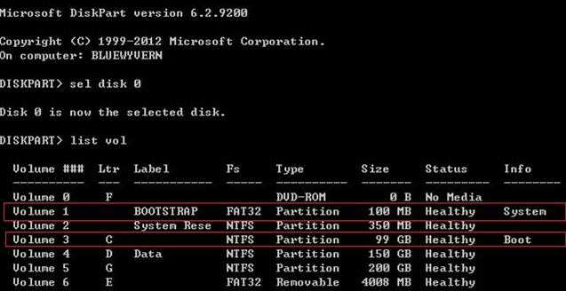 diskpart - detectar partición efi